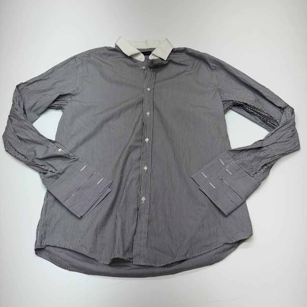 Mens Ralph Lauren Black Striped Dress Shirt White Collar French Cuff Italy 17 - Picture 2 of 9